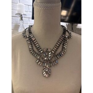 Express Gunmetal Rhinestone Statement Necklace Clear Baguette READ Missing Stone